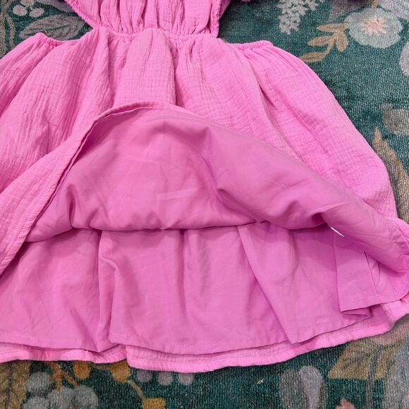 NWT Sundays Dress Gauze Cotton Small Pink Mini Open zip Back Short Puff Sleeve - Picture 12 of 16